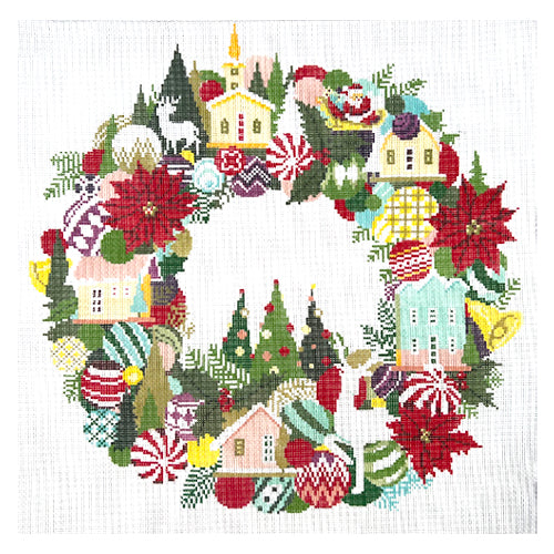 Gorgeous Christmas Village Wreath on 13 Needlepoint Canvas