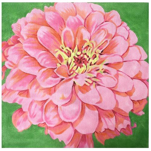 Enchanting Cosmopolitan Zinnias on Green Needlepoint Canvas