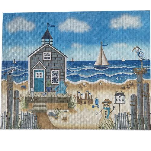 Enchanting Blue Heron Beach Hut Needlepoint Canvas