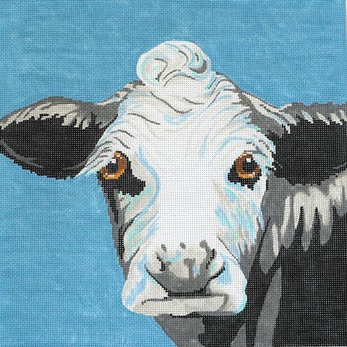 Enchanting Cow on Blue Needlepoint Canvas