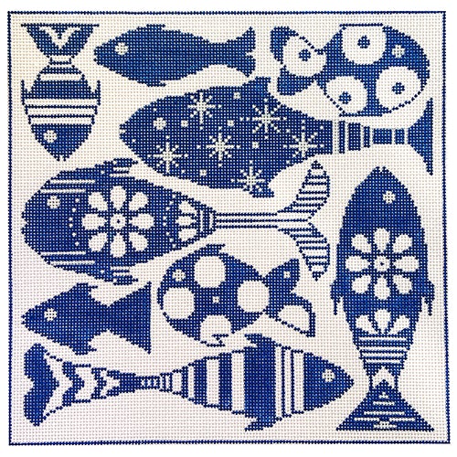 Enchanting Blue Fish Montage Needlepoint Canvas