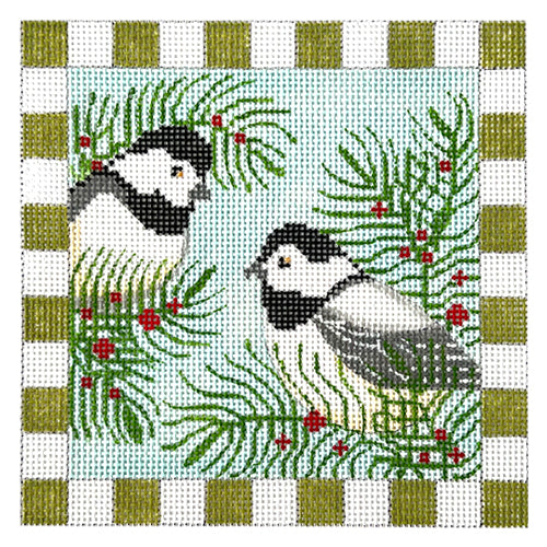 Enchanting Chickadees and Evergreen Needlepoint Canvas