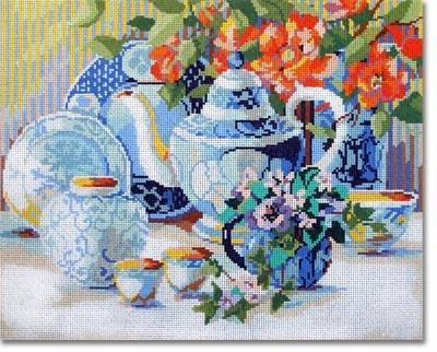 Enchanting Blue & White Tea Time Needlepoint Canvas
