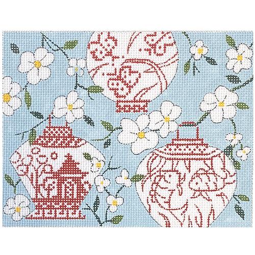 Enchanting Chinese Lanterns on Blue Mahjongg Needlepoint Canvas