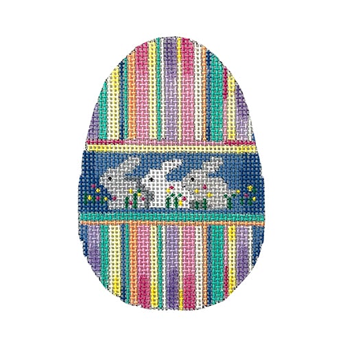 Charming Bunnies on Hoppy Stripes Easter Egg Needlepoint Canvas