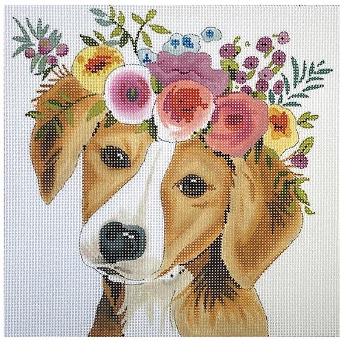 Charming Dog with Flowers Needlepoint Canvas