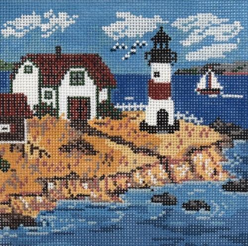 Charming Cottage with Majestic Lighthouse Needlepoint Canvas