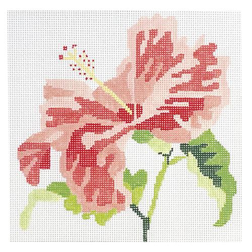 Exquisite Coral Hibiscus Bloom Needlepoint Canvas