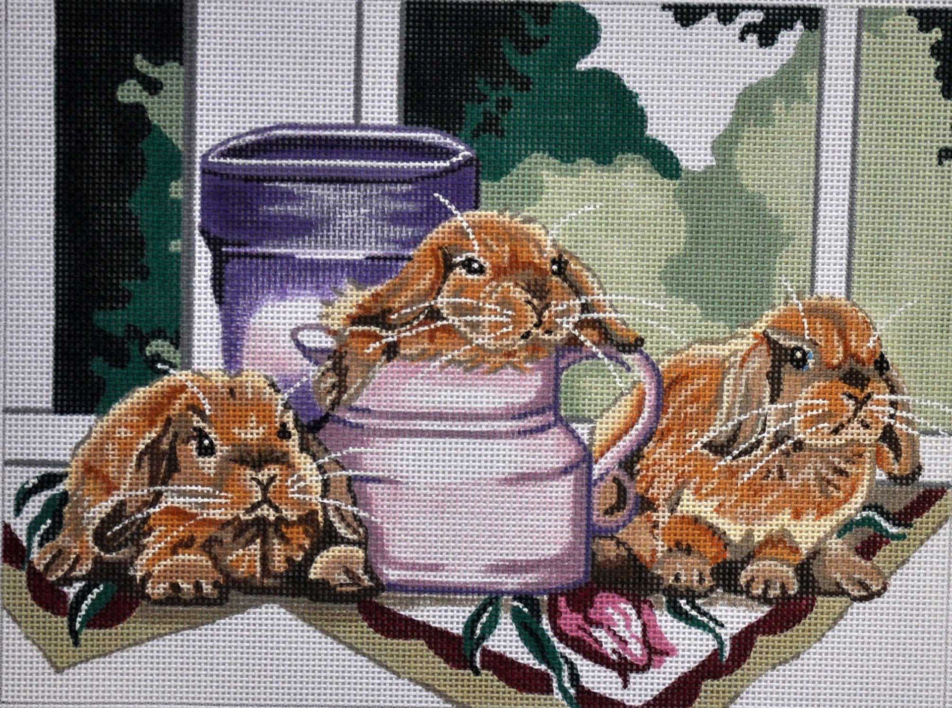 Charming Bunnies at Windowsill Needlepoint Canvas